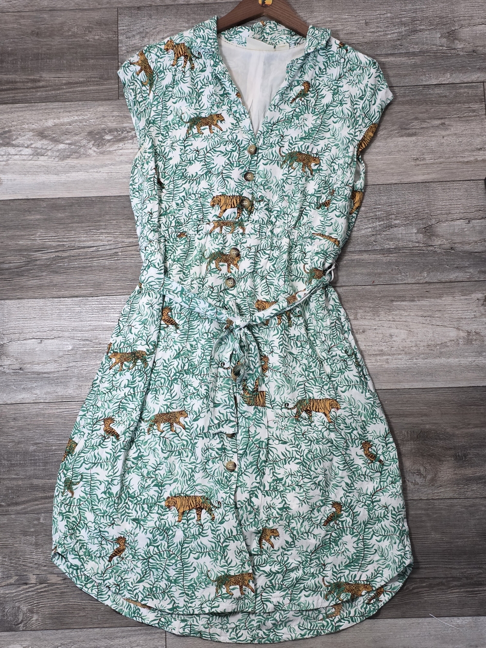Maeve by Anthropologie Catherine Tropical Tiger AOP Tie Waist Shirt dress Sz 12